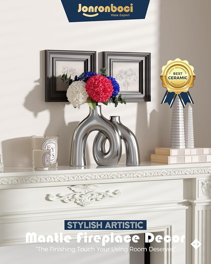 Hug Donut Decorative Vase Set - Silver Vase, Modern Nordic Boho Style Vases Home Decor, Matte Ceramic Decorations for Living Room Shelf, Bookshelf Mantle Entryway Table or Console Décor (Silver) - Image 7