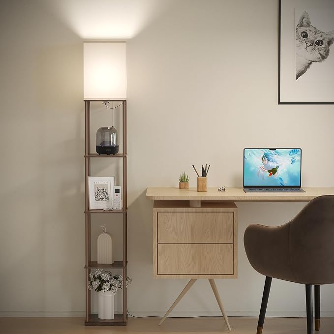 SUNMORY 5 Tier Floor Lamp with Shelves, Modern Square Standing Lamp with 3 Color Temperature Bulb, Corner Display Bookshelf Lamp for Living Room and Bedroom, Tall Shelf Floor Lamp Brown - Image 8