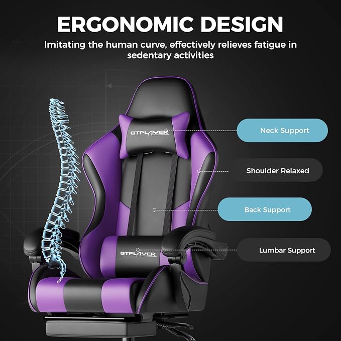 GTPLAYER Gaming Chair, Computer Chair with Footrest and Lumbar Support, Height Adjustable Game Chair with 360°-Swivel Seat and Headrest and for Office or Gaming (Faux Leather, Purple) - Image 7