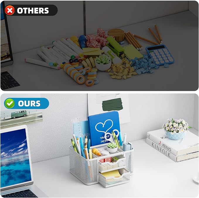 Marbrasse Mesh Desk Organizer, Pen Organizer with 2 Drawer, Multi-Functional Pencil Holder, Desk Organizers and Accessories with 5 Compartments + Drawer for Office Art Supplies (White) - Image 7