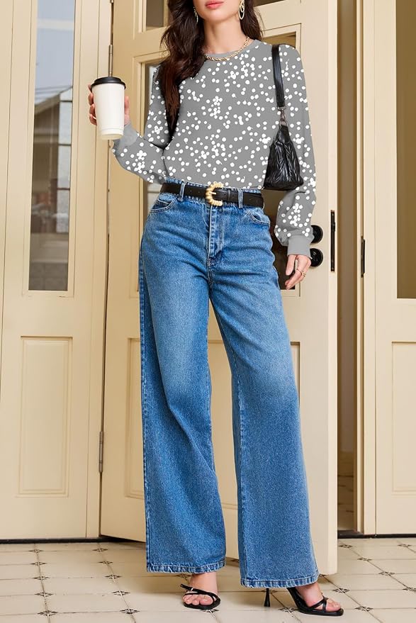 EVALESS Womens Crewneck Long Sleeve Tops Casual Polka Dots Tops Fall 2026 Tshirts Shirts - Image 6