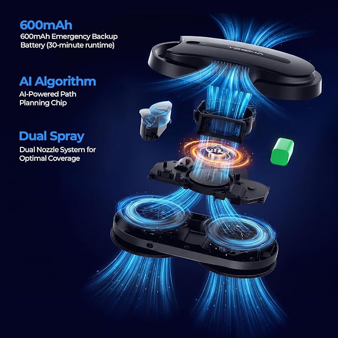Tosima X1 Window Cleaning Robot, 6400Pa Max Adaptive Suction, Dual Auto-Spray Smart Window Cleaner with Smart Navigation, Remote Control and Triple Safety, Anti-Drop, for All Smooth Surfaces, Black - Image 7