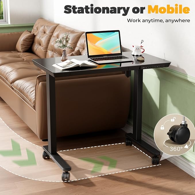 35" Electric Standing Desk with Drawer, One-Piece Glass Top | Quick Install One-Piece Tabletop with USB Charging Ports, Sit Stand Computer Desk with Wheels for Small Space, Black - Image 9