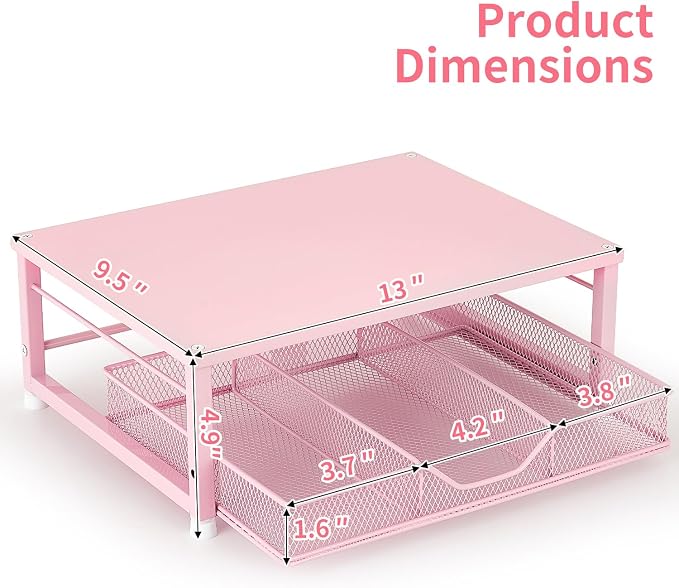 Small Pink Laptop Stand for Desk, Monitor Stand, Office Desk Accessories, Computer Desktop Stand with Drawer for Home, Office, School (Pink) - Image 7