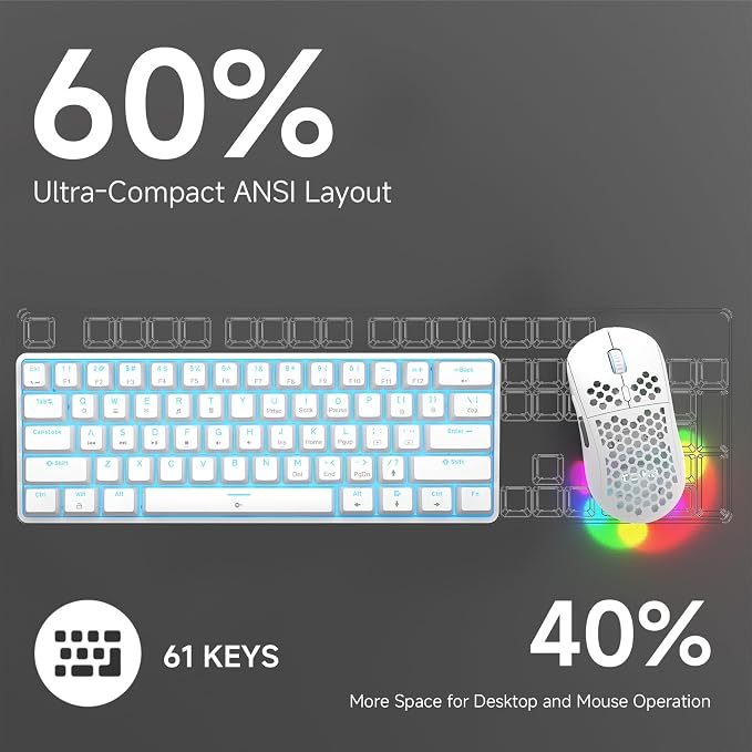TMKB 60% Mechanical Gaming Keyboard, Red Linear Switch, Wired, White | LED Backlight, Anti-Ghosting, Detachable USB-C, Double-Shot Keycaps, 61 Keys - Image 6