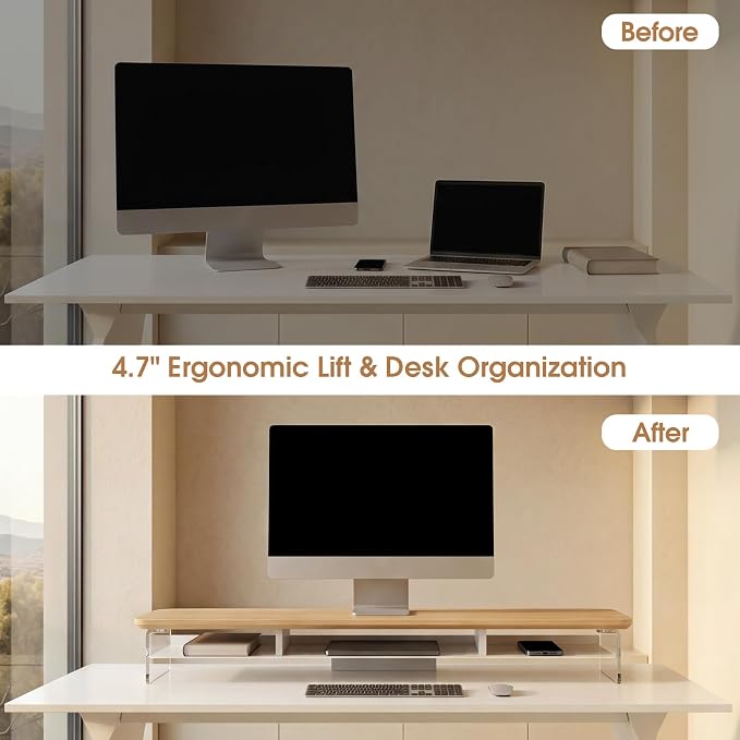 Fenge 42.5" Dual Monitor Stand with Clear Acrylic Legs, Dark Oak | Clear acrylic, storage compartment, 2-tier home office monitor riser, wide large desktop shelf fit monitor/laptop/printer - Image 8