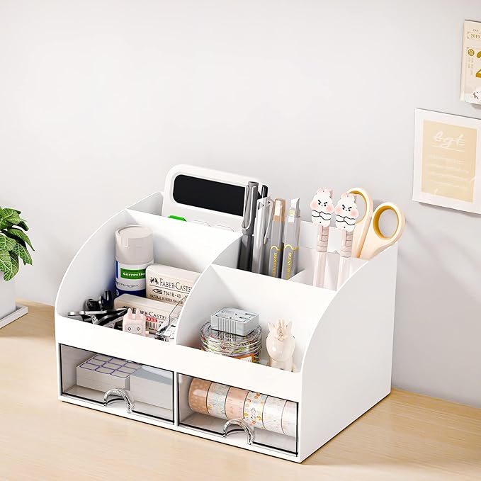 COMFYROOM Desk Organizer with 6 Compartments and 2 Drawers, Plastic Makeup Organizer, Pen Holder for Desktop Storage, Desk Organization for School, Home, Office Supplies (White-2Pack) - Image 7