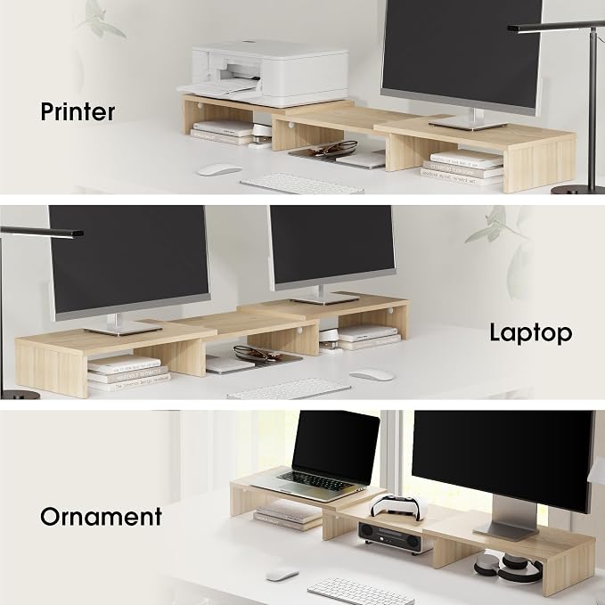 FITUEYES Dual Monitor Stand Riser, Adjustable Length and Angle, Oak | Wooden 3-Shelf Design, Supports up to 55lbs, Flexible for Standard Corner Space, Holds Monitor, Laptop, Phone, Printer - Image 8