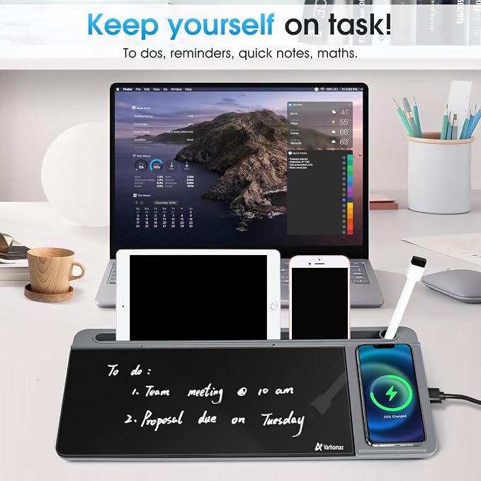 Varhomax Glass Desk Whiteboard with Wireless Charger, Desktop Organizer Dry Erase White Board with Storage, to Do List Memo Notepad for Home Office and School Supplies (Gray & Black) - Image 7