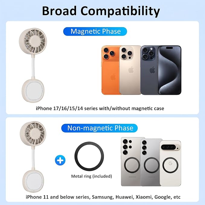 Magnetic Portable Phone Fan, Handheld Small Fan & Phone Holder with 360° Flexible Gooseneck, 3 Speeds, Rechargeable, Pocket Size Summer Cooling for Women, Travel, Beach, Makeup Use (Begie) - Image 8