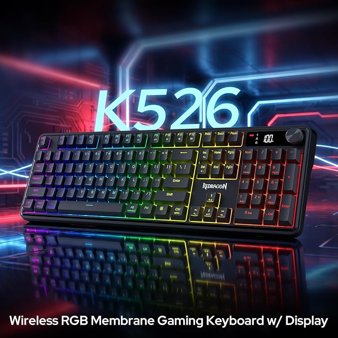 Redragon K526 PRO Wireless RGB Membrane Gaming Keyboard, LED Screen & Knob | See Battery, Mode & Time at a Glance, 0-Delay Tri-Mode, One-Touch Backlit & Media Adjust, 26-Key Anti-Ghost for Combo-Strike - Image 9