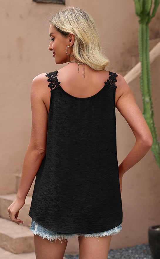OFEEFAN Tank Top for Women Loose Fit Crew Neck Sleeveless Shirts Strap Lace Camisole Chiffon Summer Tops Curved Hem - Image 5