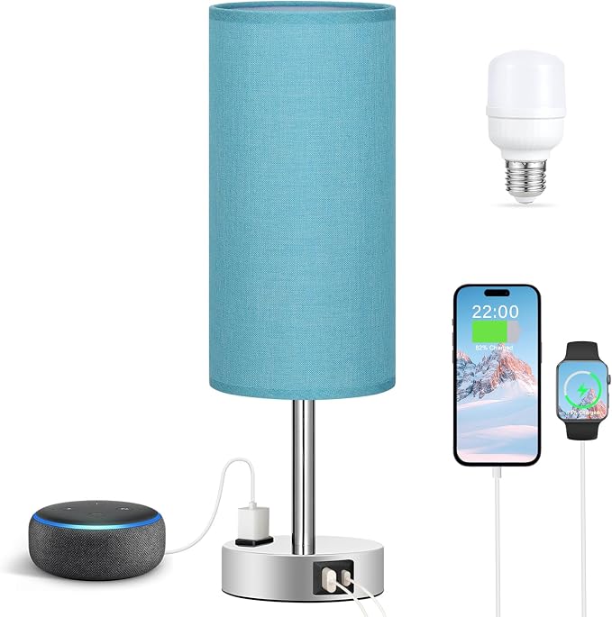 Fenmzee Turquoise Nightstand Table Lamp for Bedroom - 3 Way Dimmable Touch Lamp USB A and C Charging Ports and AC Outlet, Small Lamp for Office Desk with Metal Base, LED Bulb Included - Image 6