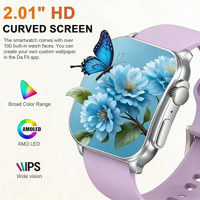 Smart Watch, 2.01" AMOLED Curved HD Full Touch Screen, Compatible with iOS & Android for Daily Workout Business Gift, Fitness Tracker with 24/7 Heart Rate/Sleep Monitor, IP68 Waterproof Watch Purple - Image 4