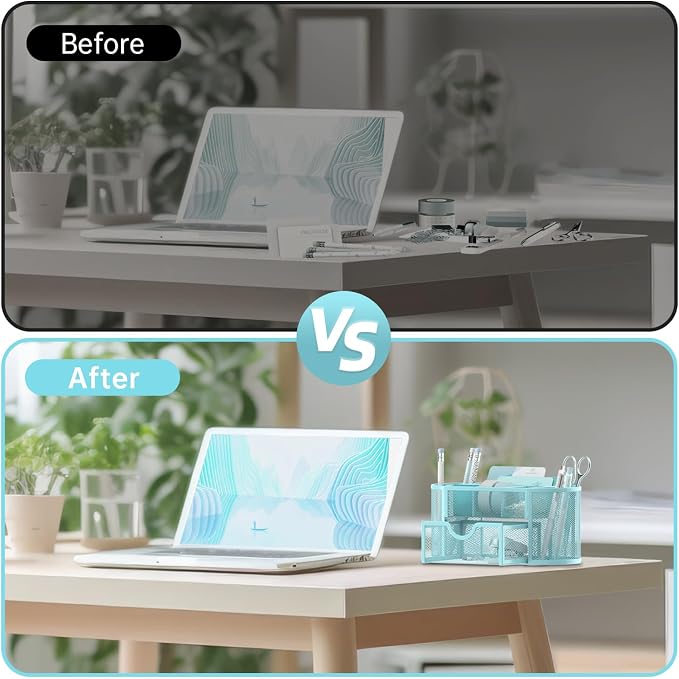 Mesh Desk Organizer with Drawer, 9-Compartment Pen Holder for Desk, Blue | Pull-Out Drawer Stores Pens, Pencils, Clips, Notes, and Small Office or School Supplies in One Compact Desk Caddy - Image 7