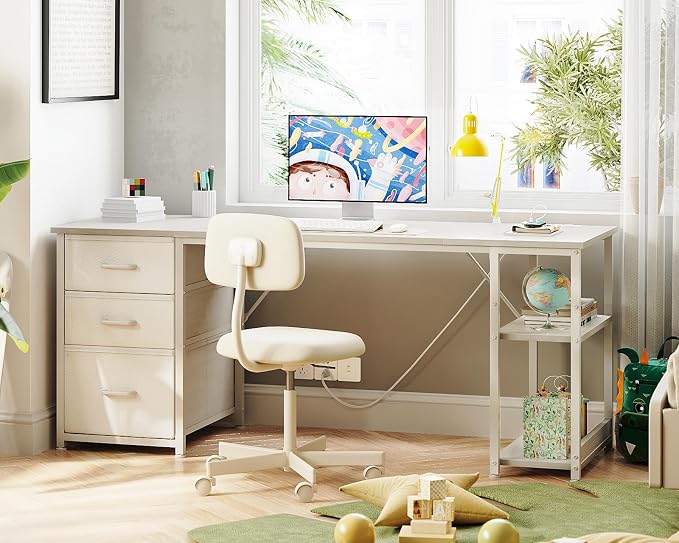 AODK 63 Inch Computer Desk with Drawers & USB Power Outlets | Reversible Home Office Desk with Storage Shelves, Work from Home, Modern Work/Writing/Study Table for Bedroom, White - Image 7