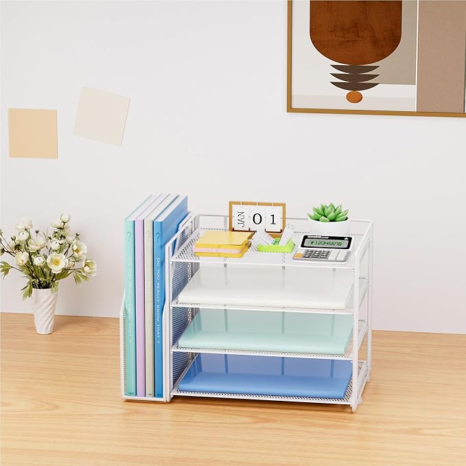 Marbrasse 4-Tier Paper Tray Organizer with File Holder, White | Sturdy Paper Tray, Built-in File Holder, fits Letters/Docs, Saves Desk Space, for School/Office/Home - Image 7