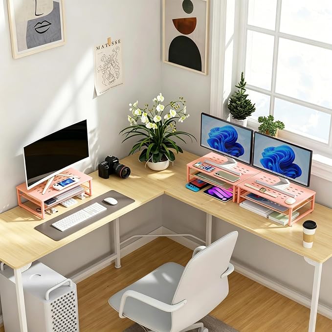 gianotter 2-Tier Metal Monitor Stand Riser, Desk Organizer for Monitor, Office Desk Storage Organizer for Office Supplies (Rose Gold) - Image 7