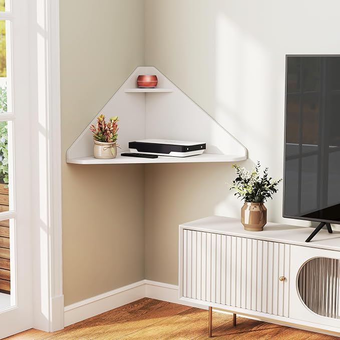 GOFLAME Floating Corner Desk, Wall Mounted Triangular Computer Desk w/Storage Shelf, Space-Saving Design, 90° Wooden Floating Home Office Desk for Writing, Working, Studying (White) - Image 8