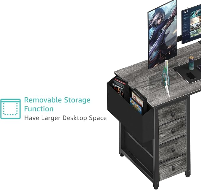 Lufeiya L Shaped Gaming Desk with Drawers & Storage Shelves, 55 Inch Corner Computer Desk with Power Outlet for Home Office Bedroom, L-Shaped Teen PC Desks with Fabric Drawer, Gray - Image 9