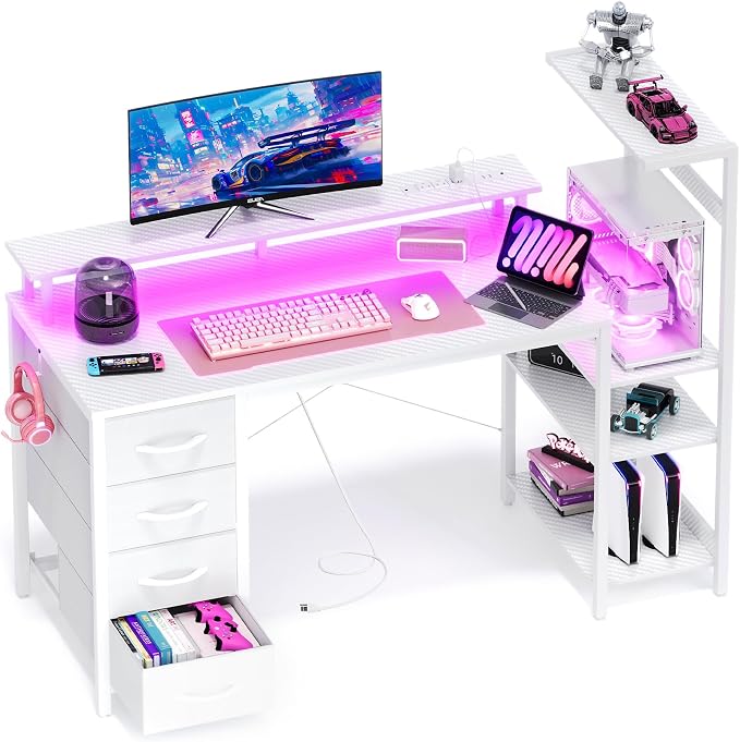 51 Inch Gaming Desk with Drawers & PC Tower Stand & LED Lights, White | Reversible, Monitor Shelf, Power Outlets, Carbon Fiber, Mesa Gamer, Computer Desk with Storage, Gaming Table for Home Office - Image 9
