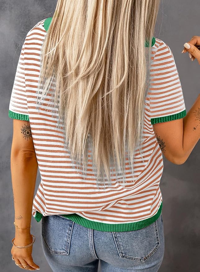 Dokotoo Womens Tops 2026 Casual Summer Crewneck Short Sleeve Striped Color Block Knit High Low Trendy Pullover Sweaters - Image 4