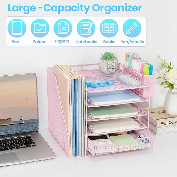Desk Organizers and Accessories, 5-Tier Paper Letter Tray Organizer with File Holder, Drawer & Pen Holder, Office Desk Accessories, Desktop Organizer for Classroom Office Supplies, Pink - Image 6
