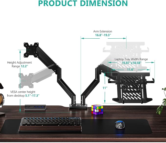 WALI Laptop Desk Mount, Dual Monitor Arm with Laptop Holder, Adjustable Height Laptop Arm Mount for Desk, Fits 17” Notebook and 32” Monitors, Up to 22Lbs (GSMP002LP), Black - Image 7