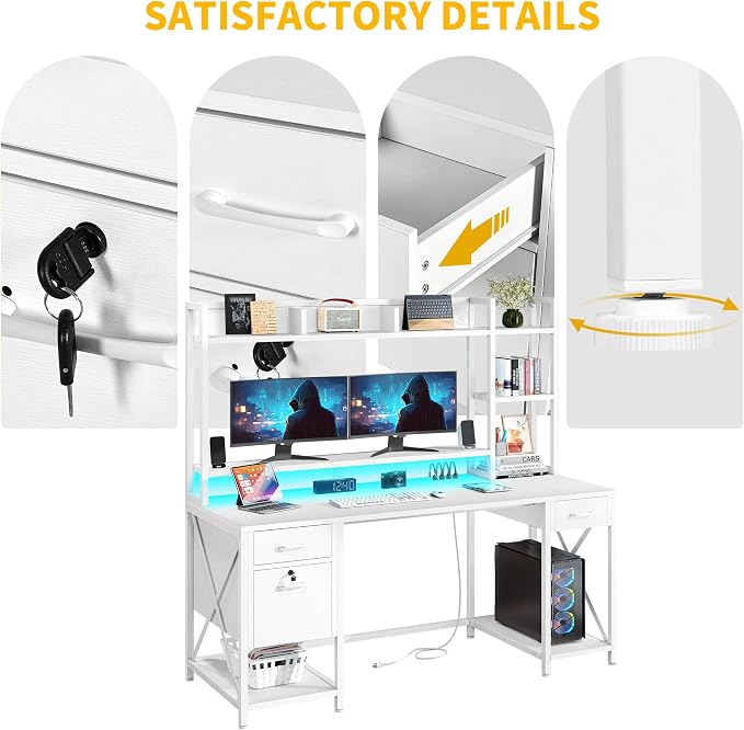 DWVO Computer Desk with Drawers & Hutch, 59.1" Office Desk with Power Outlets & LED Lights, Home Office Desk with Storage Shelves, White | Built-In Power Outlets, Led Lights, Hutch Shelves, Storage Drawers, for Home Office Work Study, Easy Assembly - Image 7