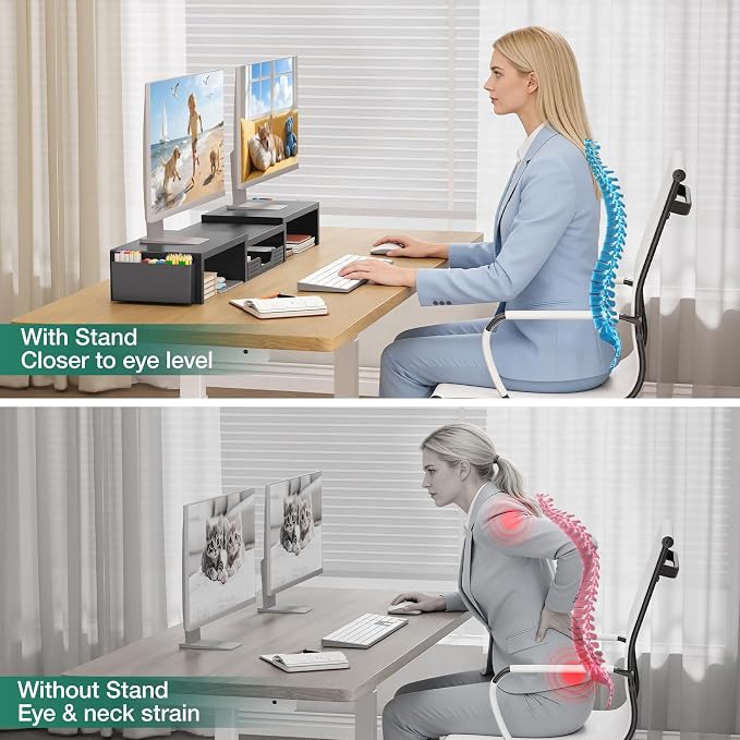 OPNICE Dual Monitor Stand Riser with Drawer and 2 Pen Holders, Desk Organizer for Office Supplies, Computer Monitor Stand for Desk, Workspace Desk Accessories for Home Office, Black - Image 7