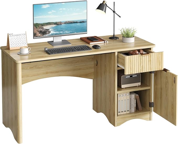 Bestier 47 inch Fluted Computer Desk with Drawer, Office Desk with File Cabinet, Modern Wood Desk with Storage Cabinet for Home Office Bedroom Study, Natural Oak - Image 8