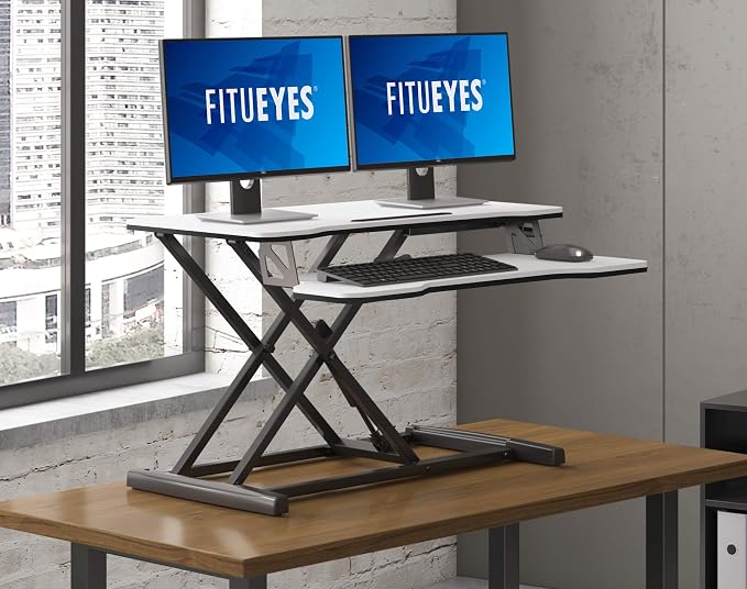FITUEYES Height Adjustable Standing Desk 32” Wide Sit to Stand Converter Stand Up Desk Tabletop Workstation for Laptops Dual Monitor Riser White SD308003WW - Image 6