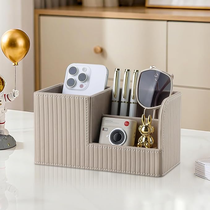KINGFOM Desk Pen Organizer Office Supplies Caddy Pu Leather Multi-function Storage Box Pen/Pencil,Cell phone, Business Name Cards Remote Control Holder (Mocha Beige) - Image 8