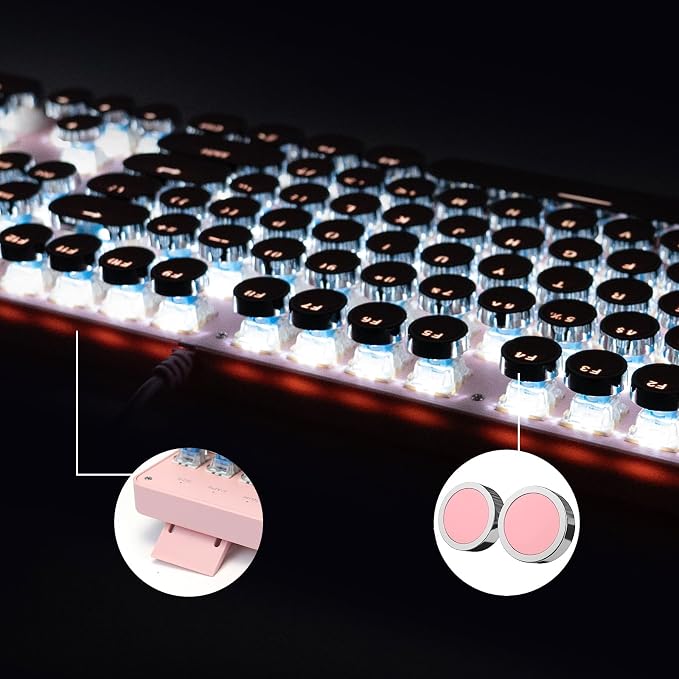 YSCP Typewriter Style Mechanical Gaming Keyboard White Backlit Wired with Blue Switch Retro Round Keycap 104 Keys Keyboard (Pink) - Image 7