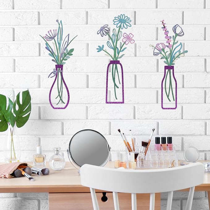 Pigort 3 Pieces Metal Flowers Wall Arts - Rustic Farmhouse Decor Purple Minimalist Flower Wall Decors for Living room Bathroom Bedroom Dining Room-Housewarming Gifts(Purple, Vase-C) - Image 7