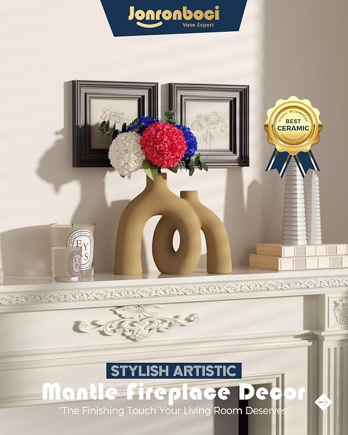 Hug Donut Decorative Vase Set - Tan Modern Rustic Farmhouse Style Vases Home Decor,Matte Ceramic Decorations for Living Room Shelf, Bookshelf Mantle Entryway Table Centerpiece or Console Décor(Brown) - Image 7