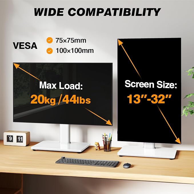 TAVR Furniture Single Monitor Stand VESA Mount for 13-32 Inch Screens | Free-Standing Monitor Riser with Swivel Tilt Rotation Height Adjustable, Universal Desk Stand up to 44lbs, White - Image 8