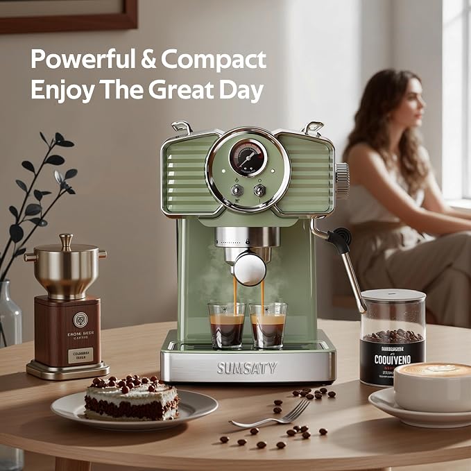 SUMSATY 20 Bar Espresso Machine Retro with Powerful Milk Frother, Green | Visual Pressure Gauge Espresso Coffee Machine 1350W Fast Heating Home Barista for Cappucino Latte Maker, 61oz Water Tank - Image 7