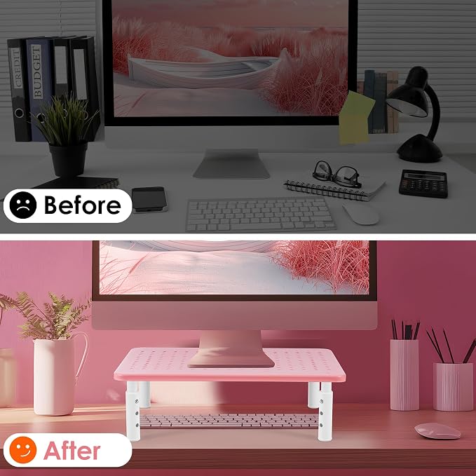 LOTEYIKE Monitor Riser Desktop Stand, Flat Screen TV Monitor Stand Riser, Sturdy Metal Laptop Computer Monitor Stand Shelf for Printer, iMac, 3 Height Adjustable PC Stand with Mesh Platform - Image 7