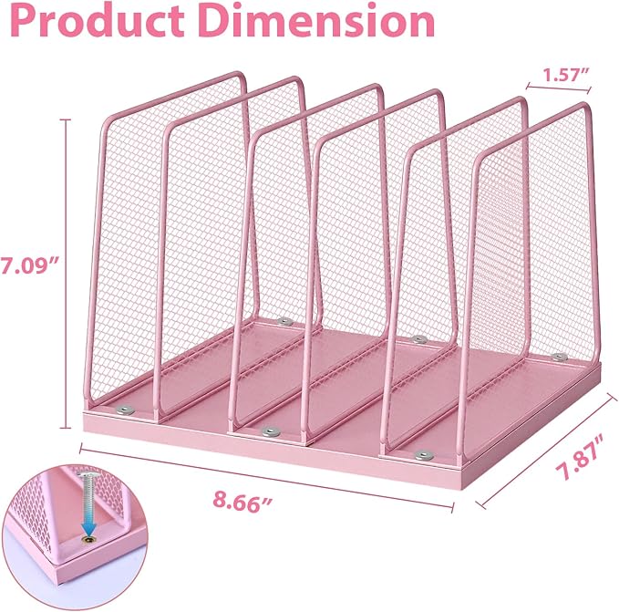 LEKETREE Small Desk File Organizer, 5-Section Upright File Sorter, Vertical File Folder Holder, Mesh Metal Wood Office Desktop Organization for Document, Magazine, Books and more (Pink) - Image 6