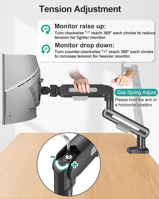 MOUNT PRO Dual Monitor Desk Mount, Pneumatic Monitor Arms for 2 Monitors Max 39 Inches, Adjustable Dual Computer Monitor Stand Each Arm Holds up to 26.5lbs, VESA Mount with C Clamp & Grommet Base - Image 8
