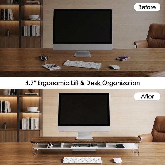 Fenge 42.5" Dual Monitor Stand with Clear Acrylic Legs, Brown | Clear acrylic, storage compartment, 2-tier home office monitor riser, wide large desktop shelf fit monitor/laptop/printer - Image 8