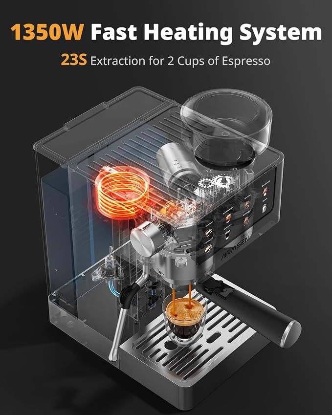 AIRMSEN Espresso Machines with Burr Grinder, 20 Bar, Milk Frother Steam Wand, Stainless Steel Coffee Maker for Home - Cappuccino Latte & Cold Brew Iced Coffee Maker & Americano - Image 8