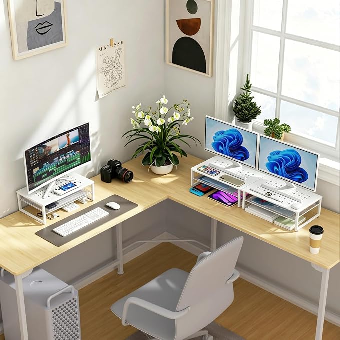 gianotter 2-Tier Metal Monitor Stand Riser, Desk Accessories & Workspace Desk Organizers, Office Desk Storage Organizer for Office Supplies (White) - Image 7