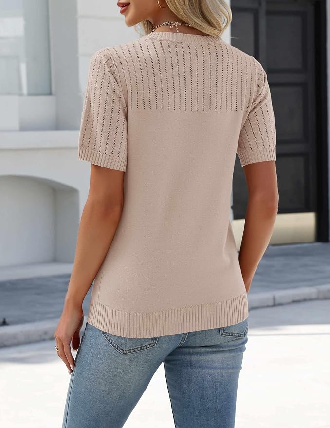 Zeagoo Women's Short Sleeve Sweater Tops 2026 Spring Summer Crew Neck Hollow Out Blouses Dressy Business Casual Outfits - Image 5