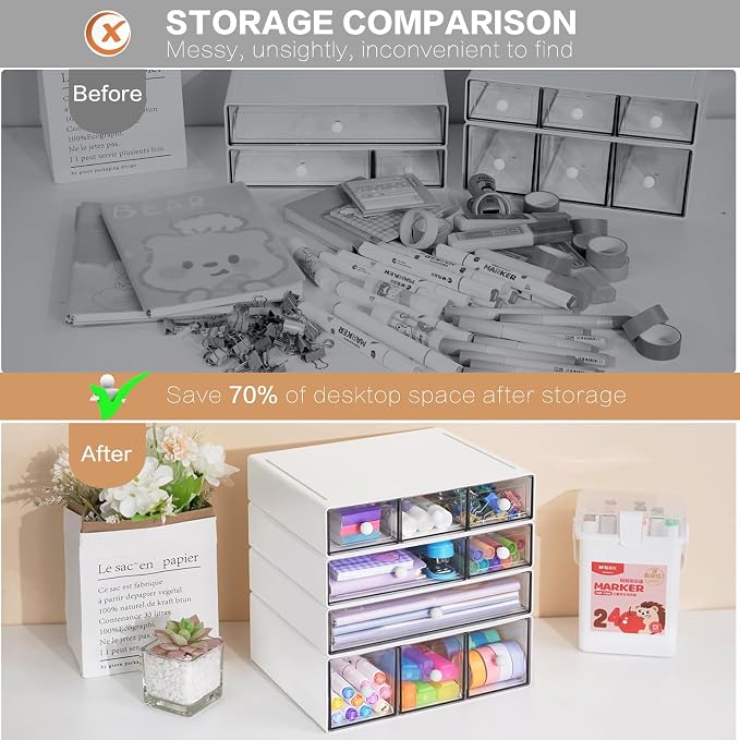 Desk Storage Organizer with 9 Drawers, 4 Tiers Stackable Desktop Craft Storage Drawers, Clear Storage Box Caddy for Stationary Makeup Jewelry Office Craft Supplies (White) - Image 7
