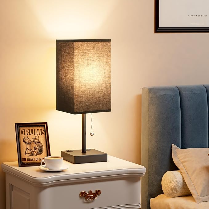 Black Lamp for Bedroom - 3 Color Temperatures, USB A+C, 2 AC Outlets | Pull Chain Switch, LED Bulb Included, Black Fabric Shade, 17.4" Table Lamp for Nightstand, Desk, Living Room, Office - Image 7
