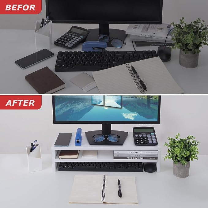 BEYGORM Monitor Stand Riser White, 21.6 inch 2 Tiers Wood Desk Shelf Computer Screen Stand with Storage for Desktop Laptop/Screen/TV/PC/Printer, Desk Shelf Organizer 21.6" L x 7.8" W x 5.2" H | For Full Keyboard, Computer Screen Stand with Storage for ... - Image 5