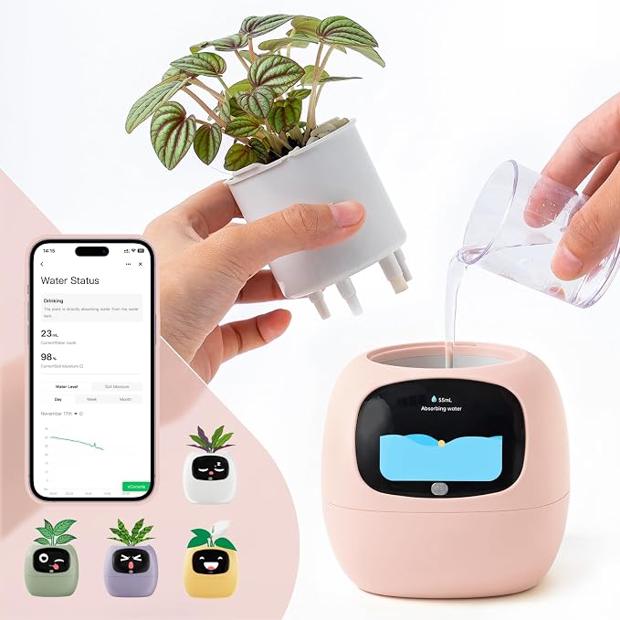 Smart Plant Pot with Visual Display – Soil Moisture, Water Level, Light & Battery Monitor, 80ml Self-Watering Reservoir, Supports 50+ Plants, Pomodoro Timer, Clock & Calendar (Blush) - Image 9