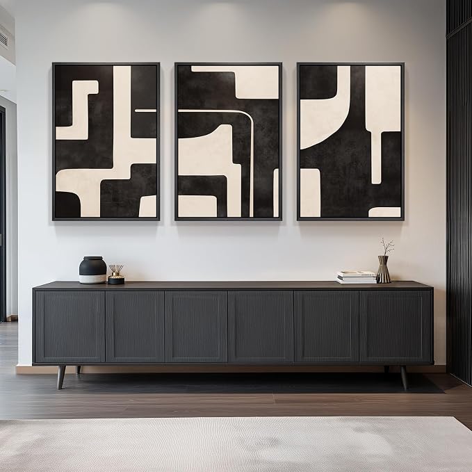 Large Framed Neutral Abstract Wall Art for Living Room, 3 Piece Black Beige Canvas Prints Paintings Artwork for Walls, Modern Minimalist Abstract Pictures for Hallway Office Wall Decor 24x36 In - Image 8